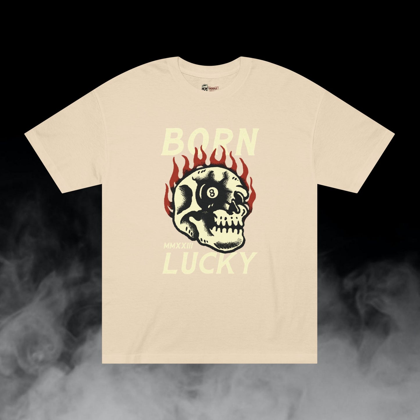 Born Lucky / Flaming Skull Eight Ball Eye Graphic Tee / Classic Cartooning Tatoo Art Style / 420 Underground Stoner Streetwear / DEADLY NUGS