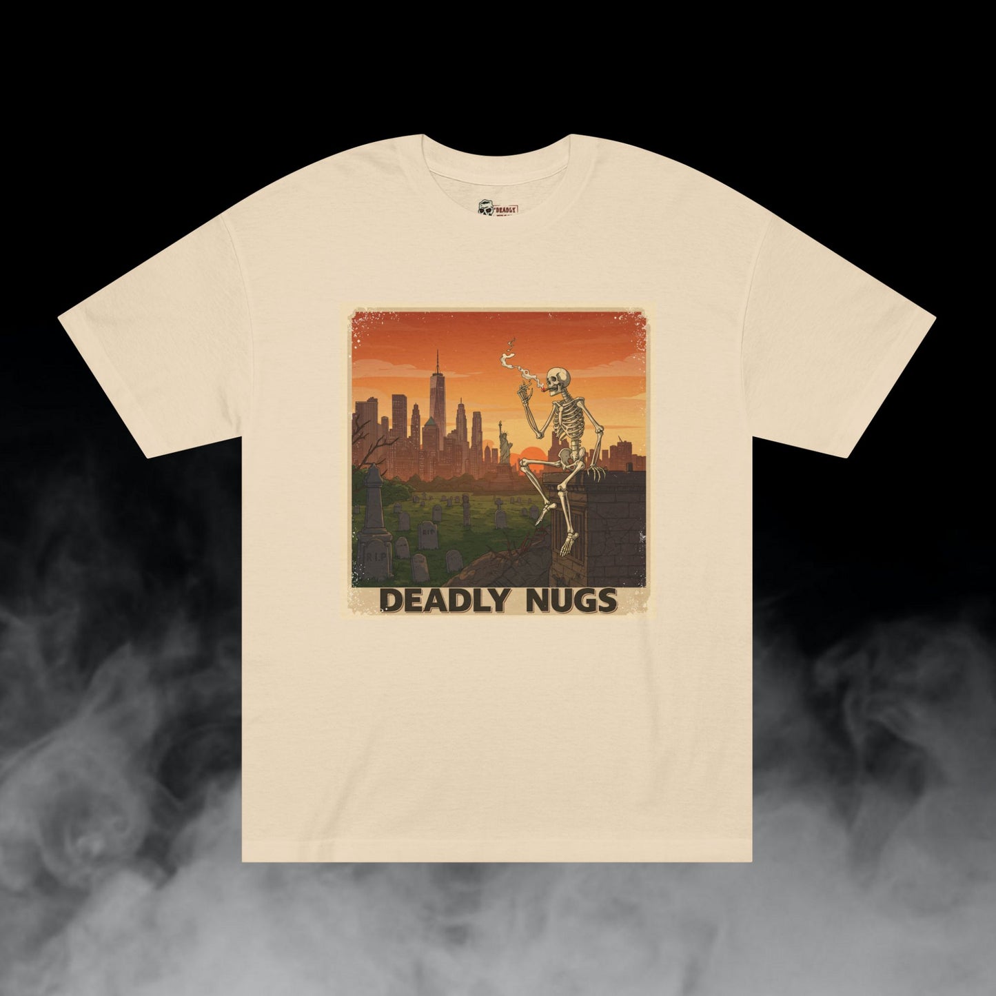 NY High / Skeleton Smoking New York Skyline Graphic Tee / Vintage Travel Poster Art Skyline Cityscape / 420 Underground Stoner Streetwear / DEADLY NUGS