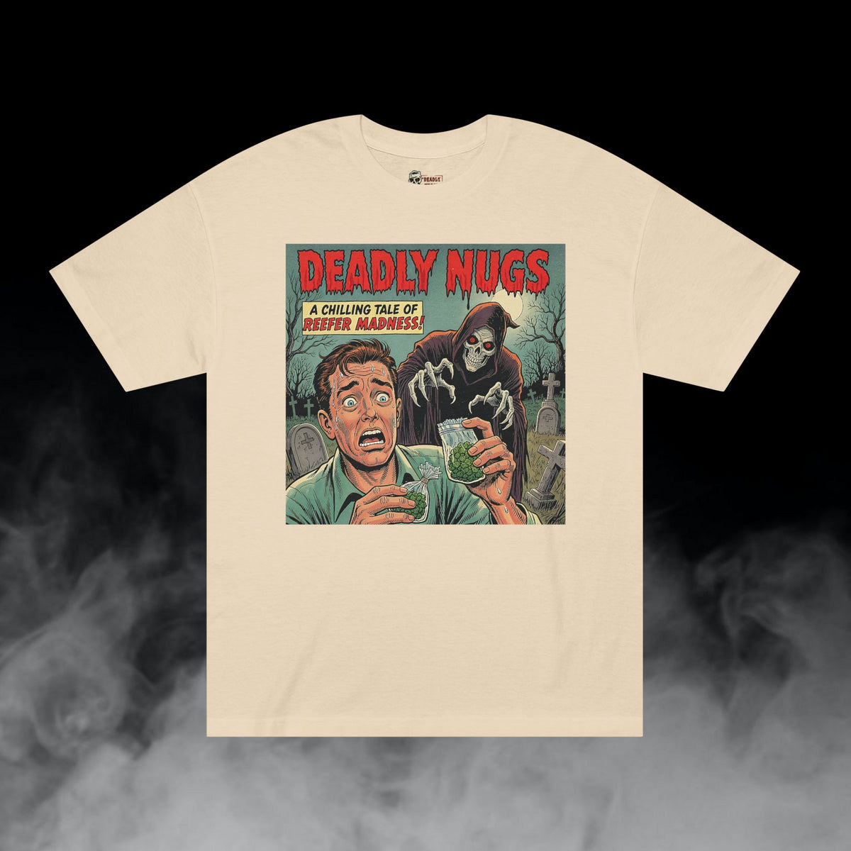 Deadly Nugs, Baggie to the Grave! T-Shirt, Premium, Unisex, Graphic T-Shirt, Sand, Front
